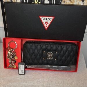 GUESS Black Quilted Wallet with Gold Keychain Gift Box